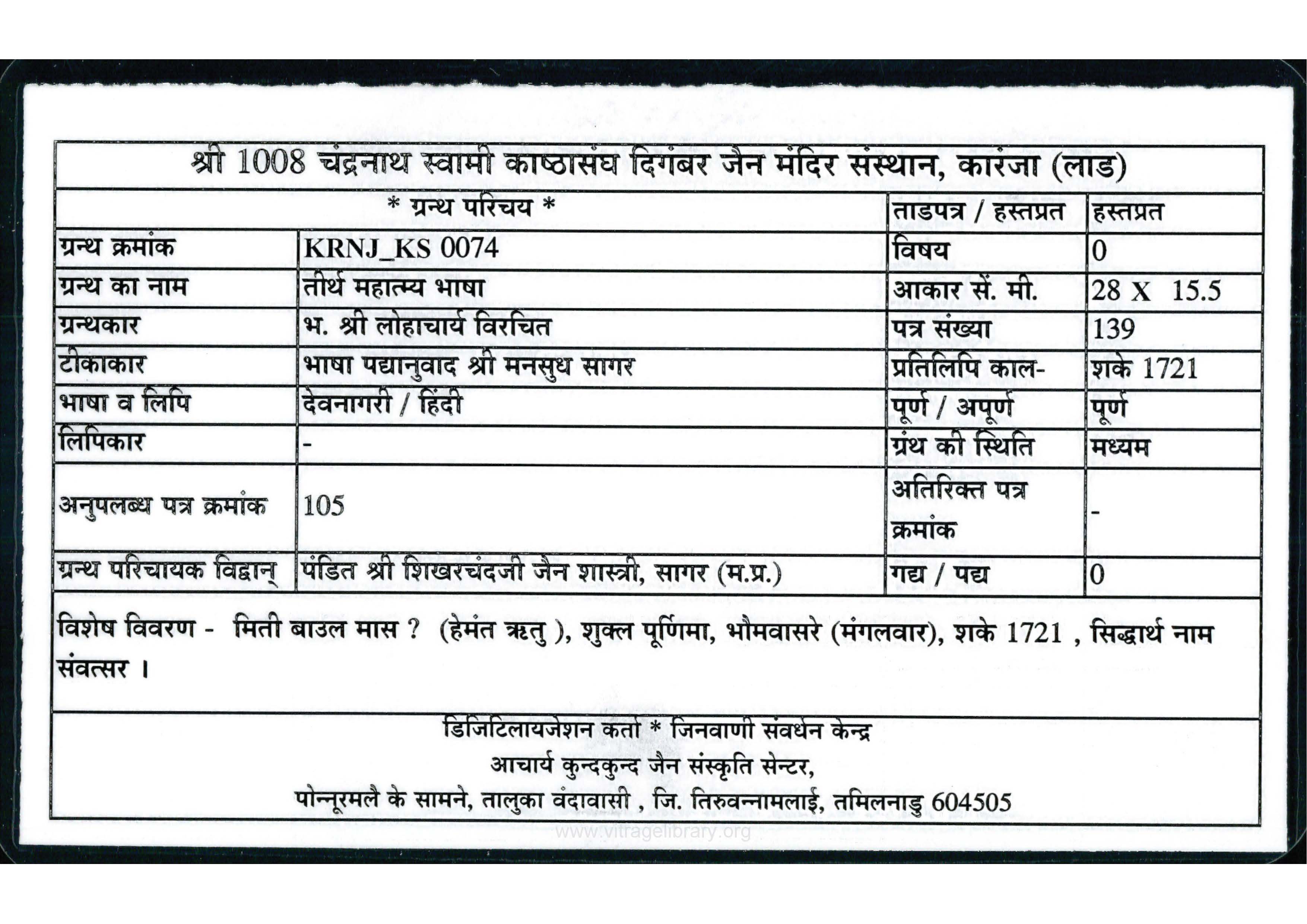 Tirth Mahatmya Bhasha